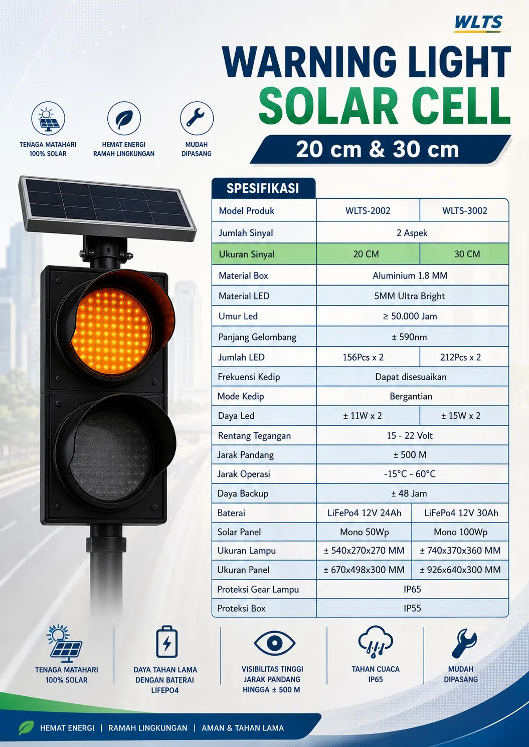 Lampu Warning Light LED 2 Aspek 20/30 cm Solar Cell